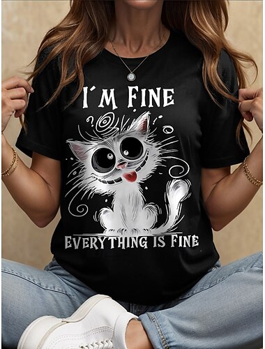  Damen T Shirt Grafik Tiermotiv Katze Vintage Stilvoll Klassisch Kurzarm Rundhalsausschnitt Rundhals Normale Oberteile Täglich Wochenende Druck Schwarz Weiß Rote Blau Purpur Sommer Frühling