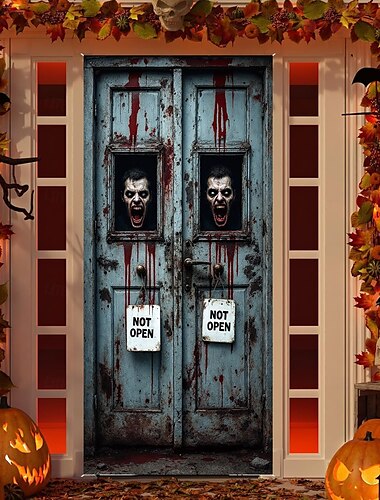  ハロウィーンのドアカバー、玄関ドアのカーテンの装飾、ハロウィーンのほうきの柄のコウモリが飛んでいるギザギザの底のディスプレイ