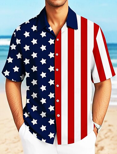 Tag der Unabhängigkeit Herren Amerikanische US-Flagge Patriotisch Hemd Freizeithemd Kuba-Kragen-Hemd Kurzarm Modisch lässig Ferien Streetwear Sommer Frühling Hemd mit Camp-Kragen 3D-Druck Hemden mit