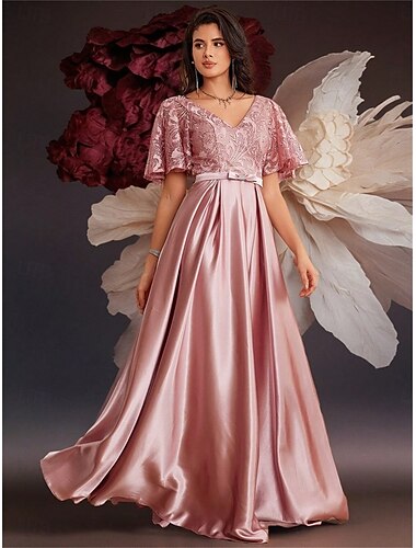 A-Linie Quinceanera-Kleider Elegant Kleid Formell Hochzeit Bodenlang Kurzarm V Ausschnitt Satin mit Falten 2025