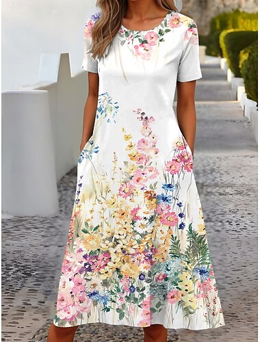  Damen Minikleid T-Shirt-Kleid Sommerkleid Shiftkleid A Linie Kleid Urlaub Lässig Boho Party Strand Normale Passform Blumen Grafik Kurzarm Rundhalsausschnitt Weiß Rosa Rote Blau Sommer Frühling