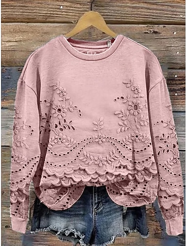  Mujer Sudadera Floral Casual Manga Larga Cuello Barco Tops regulares Calle Uso Diario Casual Estampado Rosa Azul Piscina Beige Primavera Otoño Invierno