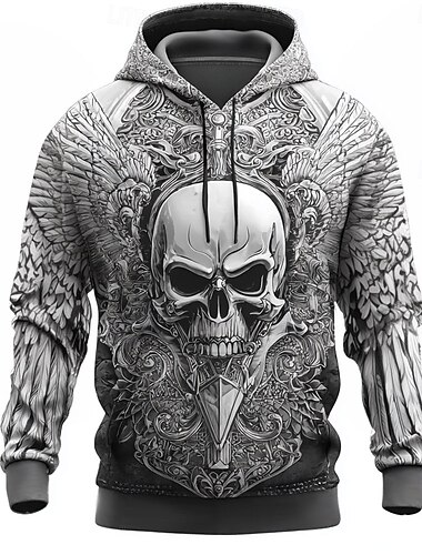  Herr Dödskalle Huvtröjor Tröja Ytterkläder Huvtröja Rund hals Häftig 3D-tryck Nattklubb Streetwear Svart Vit Snörning Grafisk Höst Vinter Designer