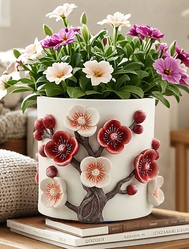  Pot de fleurs chinois en résine avec relief en fleurs de prunier, grand pot épais, vase décoratif à large ouverture pour jardin intérieur et extérieur