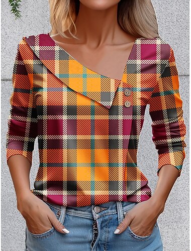  Femmes T-shirt Graphique Plaid ancien Élégant Basique manche longue Col asymétrique Hauts Réguliers Quotidien Sortir Week-end Boutons Rose Claire Rouge Orange Été Printemps