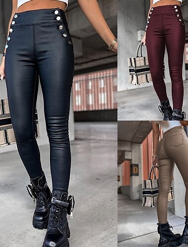  Women's Leather Pants Leggings Fashion Streetwear Full Length High Waist Plain Comfy Soft Comfortable Micro-elastic Outdoor Street Wine Black Khaki Summer Spring Skinny