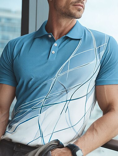  Herren Geometrisch Linie Polo Kurzarm Polo-Shirts Revers Business-Casual Geschäft Athleisure 3D-Druck Knöpfe Sommer Rosa Blau Braun