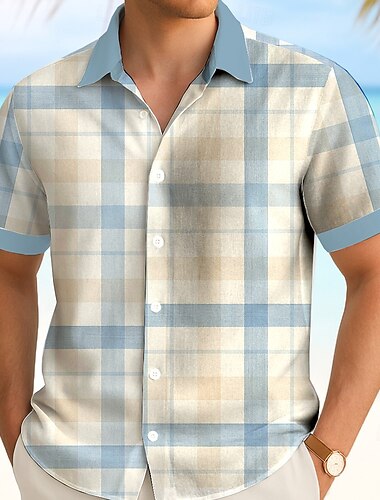  Herren Geometrisch Gitter- / Plaidmuster Hemd Sommerhemd Knopfhemd Kurzarm Modisch lässig Outdoor Urlaub Alltagskleidung Sommer Frühling Umlegekragen 3D-Druck Hemden mit Kragen Weiß Gelb Blau