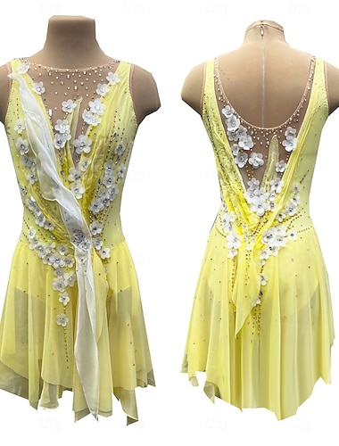  Eiskunstlaufkleid Damen Mädchen Eislaufen Kleid Hellgelb Daumenloch Halo-Färbung Hohe Elastizität Professionell Wettbewerb Eiskunstlaufkleidung Thermowarm Kristall / Strass Ärmellos Eislaufen