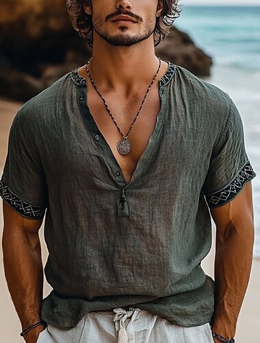  Hombre Camiseta Henley Shirt Tee Camisa manga corta Manga Corta Henley Verano Retazos Bordado Bohemia Vintage Casual Botones Vacaciones Calle Casual Diario Verde Ejército Camiseta superior para hombre