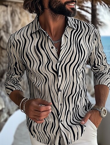  Homens Geométrica Listrado Linhas / Ondas Camisa Social camisa de botão Camisa social casual Manga Longa Moda Casual Formal Férias Dia a Dia Verão Primavera Aberto para a Lateral Impressão 3D camisas