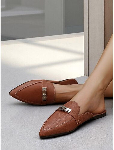  Braune Damen-Pantoletten aus Kunstleder mit Metallschnalle, Slip-On-Loafer mit spitzer Spitze für den Weg zur Arbeit und die Freizeit