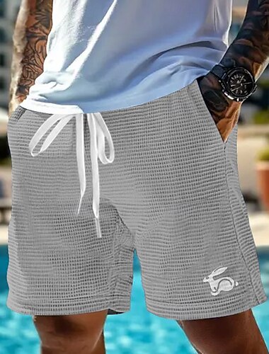  Herren Tiermotiv Kaninchen Waffel-Shorts Sweat-Shorts Freizeitshorts Mittlere Taille Modisch lässig Urlaub Joggen Trainieren Elastischer Kordelzug in der Taille Shorts mit Taschen Designer Bekleidung