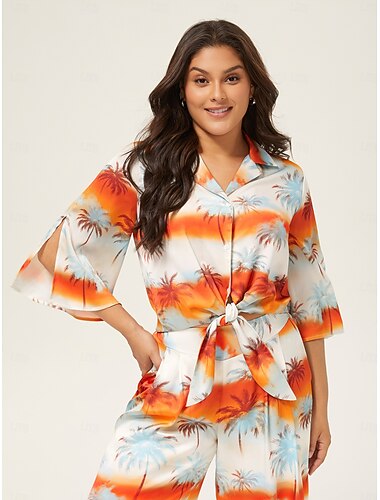  Γυναικεία Γυναίκα Πουκάμισο με κουμπιά Casual πουκάμισο Δέντρο Causal Σχιστά Μανίκια Πορτοκαλί Λαιμόκοψη V Συνδεμένο Κουμπιά Μισό Μανίκι Κομψό Διακοπές Κολάρο Πουκαμίσου Καλοκαίρι