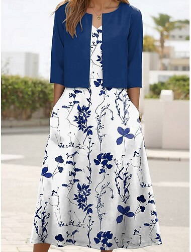  Damen Kleid Set Midi Kleid A-Linien Kleid Party Cocktail Floraler Druck Halbärmel V-Ausschnitt Hochzeitsgast täglich Himmelblau Grün Dunkelblau Sommer Frühling Reguläre Passform
