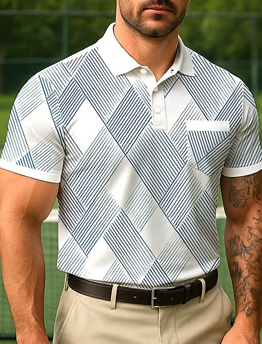  Herren Geometrisch Linie Polo Kurzarm Umlegekragen Büro Alltagstauglich Knöpfe Tasche Sommer Violett Rubinrot Weiß