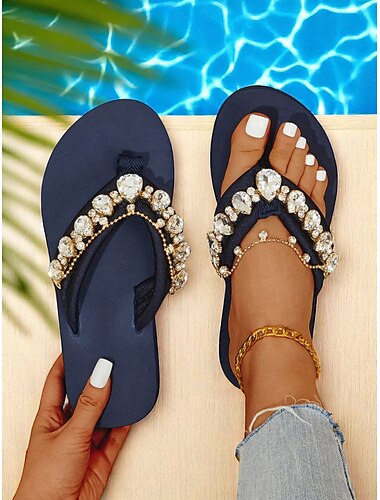  Schwarze Flip-Flop-Sandalen mit Strasssteinen und bunten Kristallverzierungen für Damen – glamouröse Strandsandalen für Poolpartys, Urlaube und Sommeroutfits
