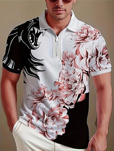  Herren Blumen Reißverschluss-Polo Kurzarm Umlegekragen Alltagstauglich Modern Athleisure Alltagstauglich Reißverschluss Sommer Rubinrot Schwarz Rote