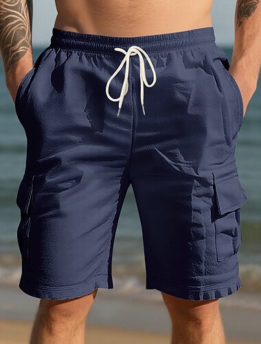  Herren Shorts aus Baumwollleinen Cargo-Shorts Shorts Sommershorts Kordelzug Elastischer Bund Mehrere Taschen Einfach Komfort tragbar Knielang Outdoor Sport Täglich Mode Lässig Schwarz Weiß