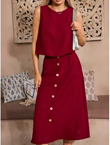  Damen Kleid-Set A Linie Kleid Lässig Einfach Tasche Knöpfe Maxikleid Ärmellos Rundhalsausschnitt Outdoor Täglich Weiß Rosa Wein Sommer Frühling Normale Passform