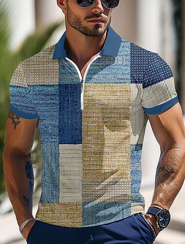  Miesten Väripalikka Vetoketjulliset poolopaidat Lyhythihainen Poolopaidat Kauluskäänne Business Casual ulko- Urheilu- ja treenivaatteet 3D-tulostus Kesä Sininen Apila Harmaa