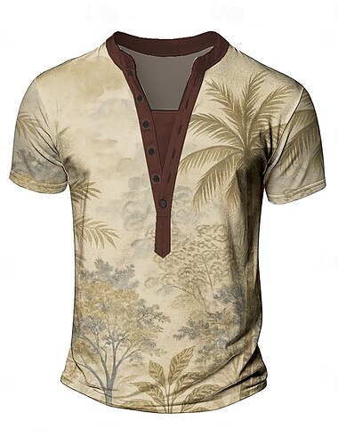  Herren Palme T Shirt Henley Hemd T-Shirt Kurzarm Designer Basic Klassisch Outdoor Lässig Täglich Sommer Dunkel Braun Grau Khaki Henley Henley T-Shirt