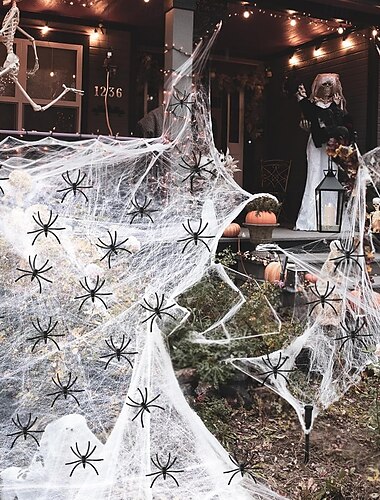  dekorace z halloweenských pavučin s extra falešnými pavouky, super elastické pavučiny pro halloweenskou výzdobu uvnitř i venku