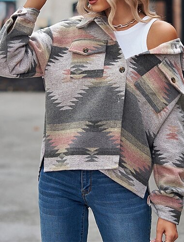 Damen Freizeitjacke Warm Bequem Tasche Knöpfe Mode Outdoor Druck Ausgehen Wochenende Einreihig Regulär Umlegekragen Normale Passform Langarm Oberbekleidung Graues Rosa Schwarz Burgunderrot Herbst