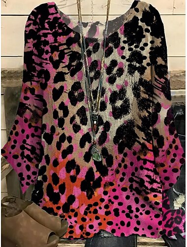  Damen Hemd Leopard Stilvoll Dreiviertelarm Rundhalsausschnitt Normale Oberteile Täglich Ferien Druck Purpur Fuchsie Braun Sommer