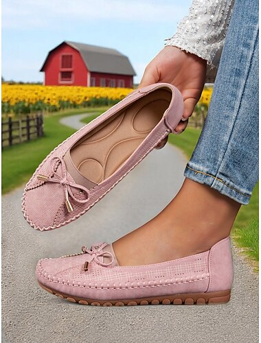  Rosa Mokassins mit Schleife für Damen – leichte, lässige Slipper für den Autofahrer für tägliche Besorgungen, Gartenspaziergänge und Cottagecore-Outfits