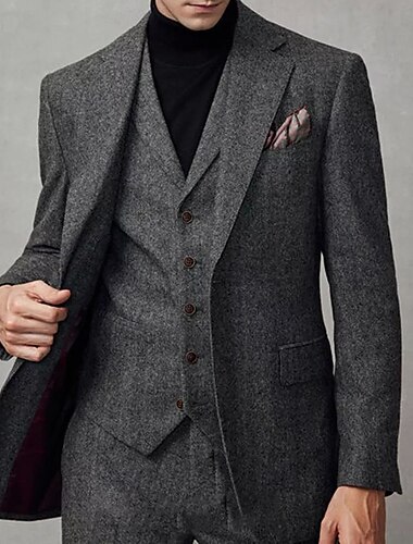  costumes en tweed pour hommes costumes d'affaires en laine gris foncé formel vintage couleur unie coupe standard 2 pièces simple boutonnage deux boutons