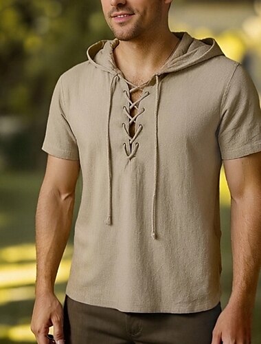  T-shirt viking médiéval en coton à manches courtes chemises à capuche hommes style rétro à lacets hippie correspondant costume de GN