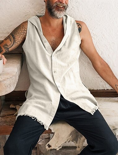  Herren Tank Top Weste Unterhemd Ärmelloses Shirt Ärmellos Mit Kapuze Sommer Einfach Mode Designer Basic Knöpfe Urlaub Straße Ausgehen Schwarz Beige Top T-Shirt für Herren