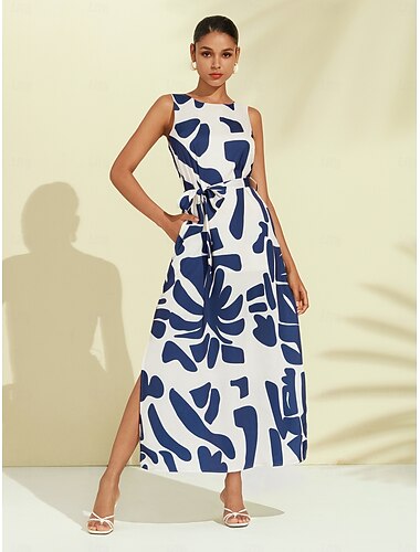  Damen Casual kleid Lockeres Kleid Schwarz Weiß Ärmellos Blumen Pflanzen Bedruckt Lose Frühling Sommer Runden Casual Brautkleider schlicht Urlaub S M L