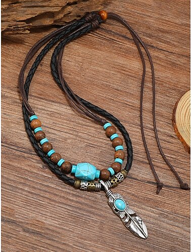  שרשרת תליון נוצה וינטג' לגברים עם חרוזי טורקיז - תכשיטי חבל עור בסגנון שבטי לפסטיבלים, טיולים וללבוש יומיומי יומיומי