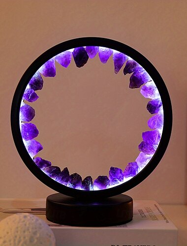  Lampada da comodino ricaricabile a led, lampada da notte con cluster di quarzo ametista naturale, lampada da scrivania per camera da letto, luci decorative circolari a cerchio.