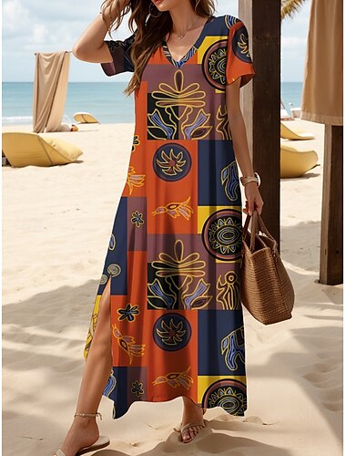  Dames Halflange jurk Casual jurk Zonnejurk A lijn jurk Zomerjurk Bohemen Vakantie Casual Strand Ruim Passend Grafisch Abstract Boho Korte mouw V-hals Geel blauw Paars Oranje Zomer Lente Herfst