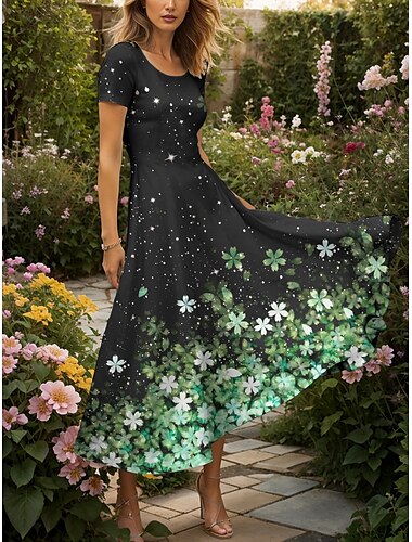  Damen Maxikleid Strickkleid Freizeitkleid A Linie Kleid Sommerkleid Elegant Urlaub Lässig Normale Passform Ombre Blumen Grafik Kurzarm Quadrathals Rosa Blau Purpur Grün Sommer