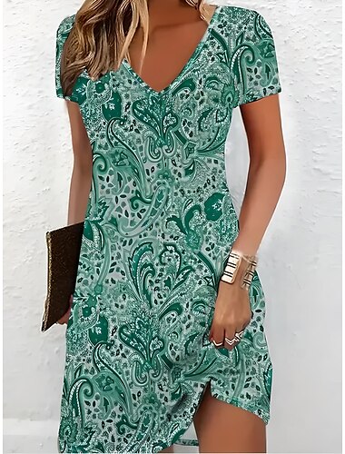  Damen Minikleid T-Shirt-Kleid Sommerkleid Urlaub Lässig Boho Täglich Ferien Ausgehen Normale Passform Grafik Paisley-Muster Kurzarm V Ausschnitt Schwarz Wein Grün Sommer
