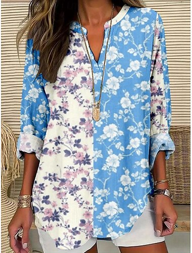  Dam Blus Blommig Stylish Modern Långärmad V-hals Vanliga toppar Dagligen Helgdag Mönster Gul Rodnande Rosa Blå Grön Sommar