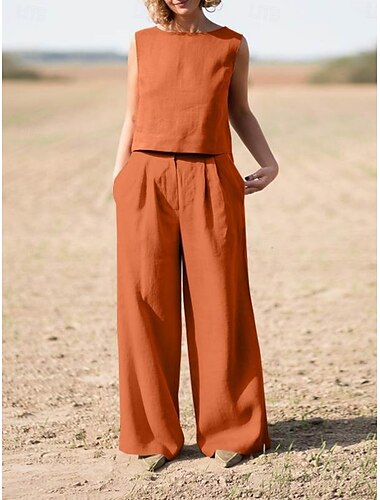  Femmes Élégant Mode Streetwear Chemise Chemisier Sans manches Col ras du cou Couleur Unie Extérieur Travail Occasionnel bleu marine Orange Vert Été Coupe Ample