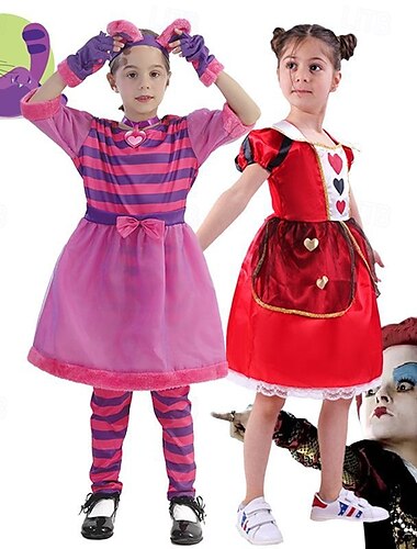  Alice in Wonderland Sprookje Hartenkoningin Venijn De Cheshire-kat Jurken Kostuum Verhaalboekpersonages Cosplay Film cosplay for Voor meisjes Kinderen Halloween Carnaval Wereldboekendag Prestatie