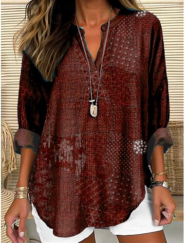  Damen Bluse Grafik Geometrisch Paisley-Muster Vintage Täglich Stilvoll Langarm V Ausschnitt Einkerbiger Ausschnitt Normale Oberteile Täglich Ferien Resort-Kleidung Druck Kastanienbraun Marineblau