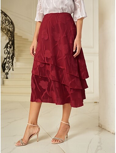  Dam Kjol Elegant Midi Medium Midja Kjolar Blommig Multi lager Oelastisk Fest Casual Vin Sommar Chiffong