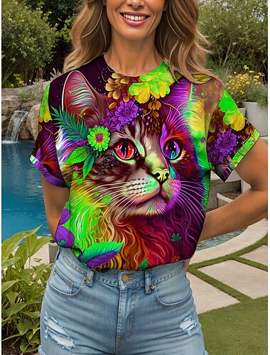  Damen T Shirt Blumen Grafik Tiermotiv Vintage Stilvoll Klassisch Kurzarm Rundhalsausschnitt Rundhals Normale Oberteile Täglich Wochenende Druck Gelb Rote Blau Purpur Grün Sommer Frühling