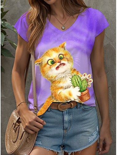  Damen Bluse Grafik Tiermotiv Katze Vintage Stilvoll Klassisch Ärmellos Kurzarm V Ausschnitt Normale Oberteile Täglich Druck Weiß Gelb Rosa Rote Blau Sommer Frühling