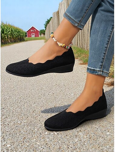  Schwarze Slipper-Ballerinas aus Strick für Damen, atmungsaktive Flyweave-Schuhe mit runder Zehenpartie für Freizeitausflüge, den Weg zur Arbeit und sommerliche Spaziergänge auf dem Land