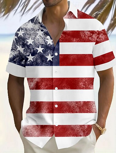  Tag der Unabhängigkeit Herren Amerikanische US-Flagge Patriotisch Vierter Juli Hemd Sommerhemd Knopfhemd Kurzarm Modisch lässig Outdoor Urlaub Alltagskleidung Sommer Umlegekragen 3D-Druck