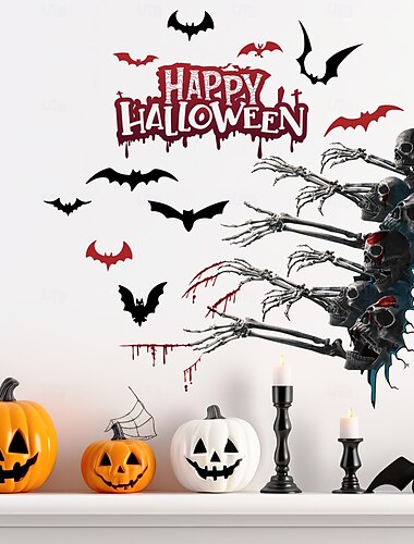  Halloweenská samolepka na zeď s motivem strašidelné ruky, lebky a netopýra, samolepicí nástěnná dekorace do obývacího pokoje a na sváteční večírek.