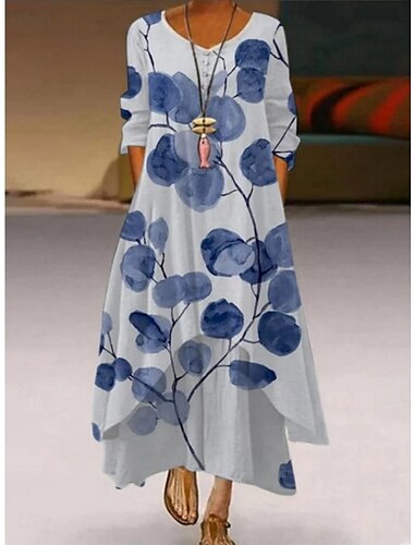  Damen Maxikleid A Linie Kleid Urlaub Lässig Outdoor Ausgehen Lässiger Schnitt Blumen Langarm V Ausschnitt Dunkelviolett Blau Purpur Aprikose Herbst